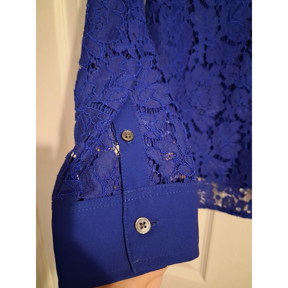 Banana Republic M Cobalt Blue Floral Lace Button Down Blouse Military Sheer - Picture 6 of 12